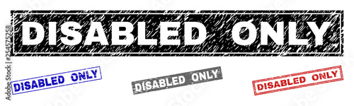 Grunge DISABLED ONLY rectangle stamp seals isolated on a white background. Rectangular seals with grunge texture in red, blue, black and gray colors.