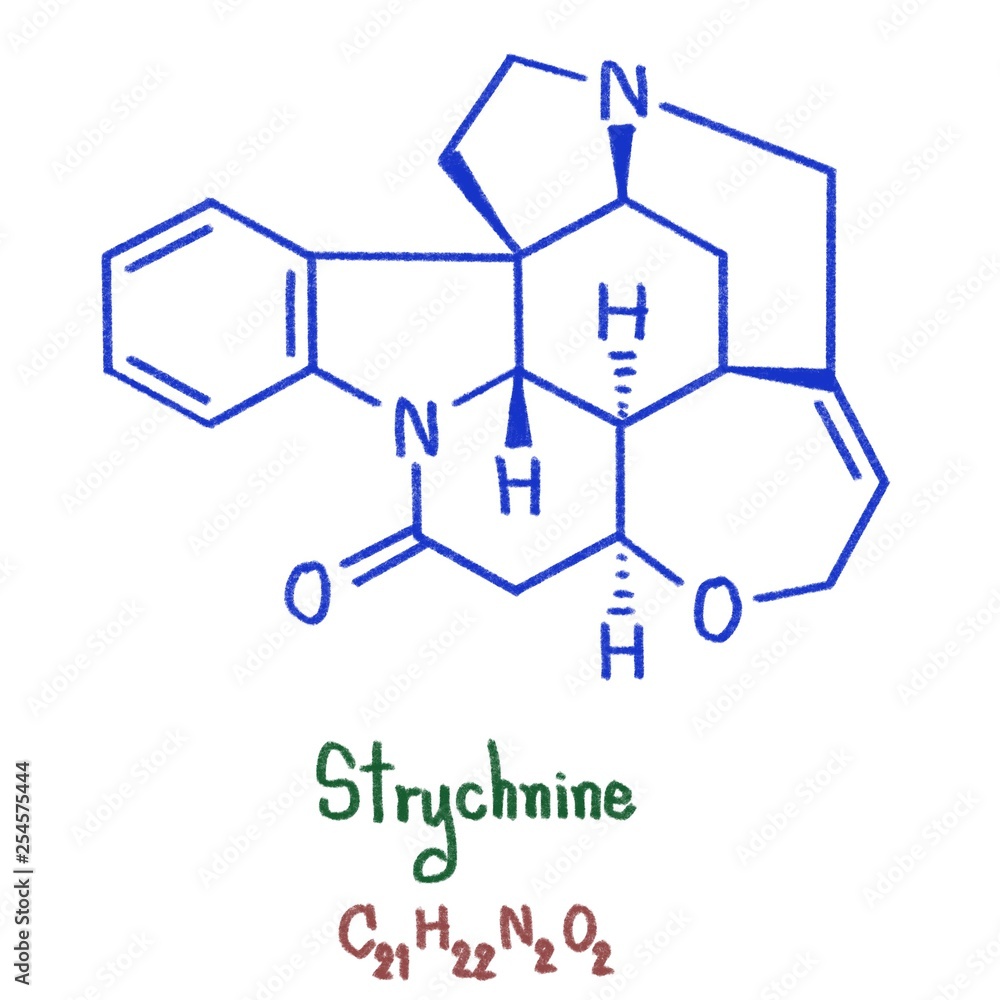 Strychnine is a highly toxic, colorless, bitter, crystalline alkaloid used as a pesticide, particularly for killing small vertebrates such as birds and rodents. Illustration Strychnine is a highly toxic, colorless, bitter, crystalline alkaloid used as a pesticide, particularly for killing small vertebrates such as birds and rodents. Illustration