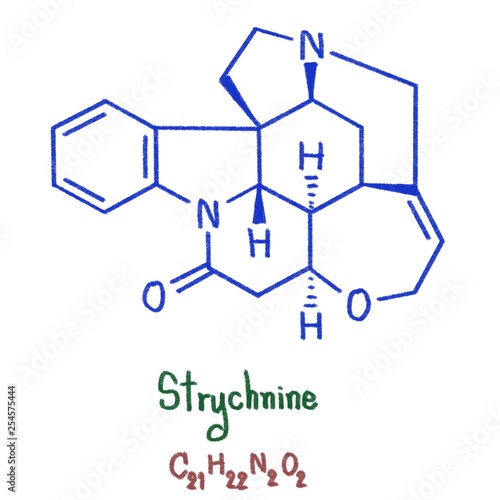 Strychnine is a highly toxic, colorless, bitter, crystalline alkaloid used as a pesticide, particularly for killing small vertebrates such as birds and rodents. Illustration 