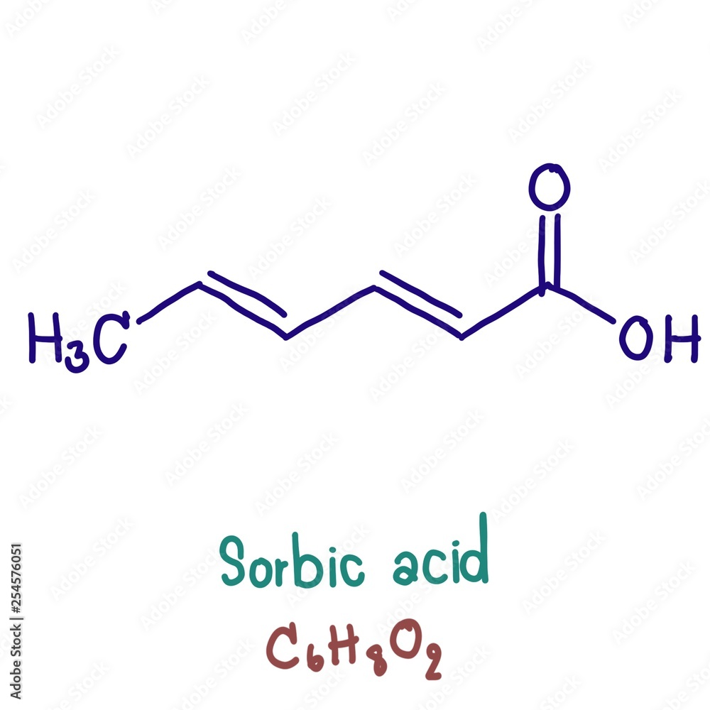 Sorbic acid, or 2,4-hexadienoic acid, is a natural organic compound used as a food preservative. It has the chemical formula CH3(CH)4CO2H. It is a colourless solid that is slightly soluble in water Sorbic acid, or 2,4-hexadienoic acid, is a natural organic compound used as a food preservative. It has the chemical formula CH3(CH)4CO2H. It is a colourless solid that is slightly soluble in water