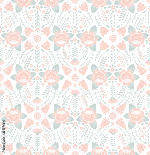 Stylized pattern, folk art, floral ornament in red and green colors. Symmetrical seamless pattern vector background