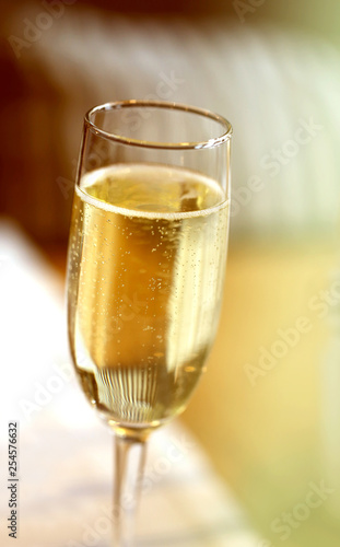 Fine macro photo of champagne glass in a restaurant
