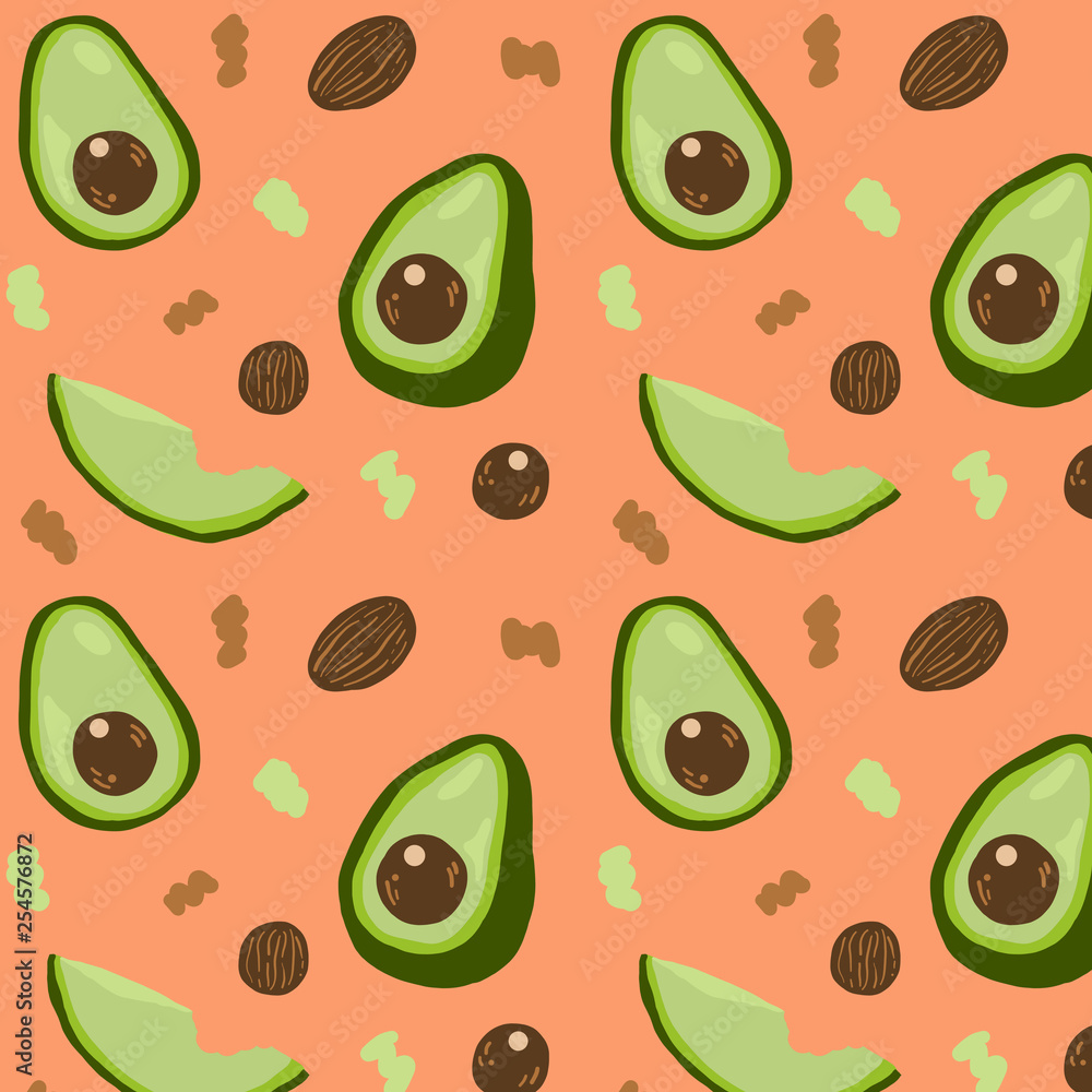 Colorful pattern with fresh green avocado and seeds, cute vegetable and fruits background set with simple design for summer. Vector Illustration. Colorful pattern with fresh green avocado and seeds, cute vegetable and fruits background set with simple design for summer. Vector Illustration.