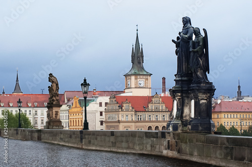 Prague, Czech Republic Charles Bridge, sculptures, beautiful view.