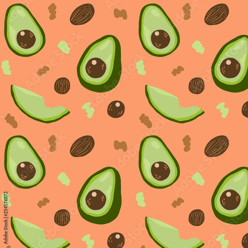 Colorful pattern with fresh green avocado and seeds, cute vegetable and fruits background set with simple design for summer. Vector Illustration.