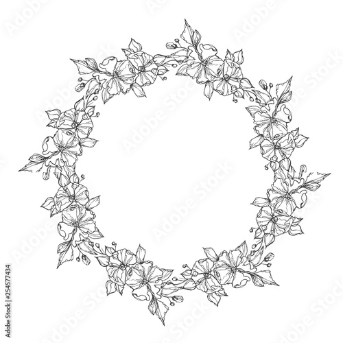 Vector flowers decorative wreath isolated on white background, round frame hand drawn Doodle vector sketch herbal line art graphic design for greeting card, invitation, wedding design
