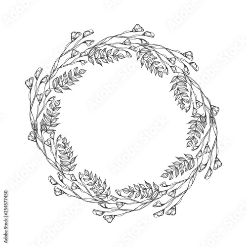 Vector flowers decorative wreath isolated on white background, round frame hand drawn Doodle vector sketch herbal line art graphic design for greeting card, invitation, wedding design