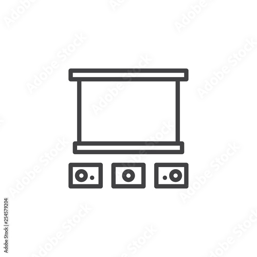 Home theater line icon. linear style sign for mobile concept and web design. Projector screen and audio system outline vector icon. Symbol, logo illustration. Pixel perfect vector graphics