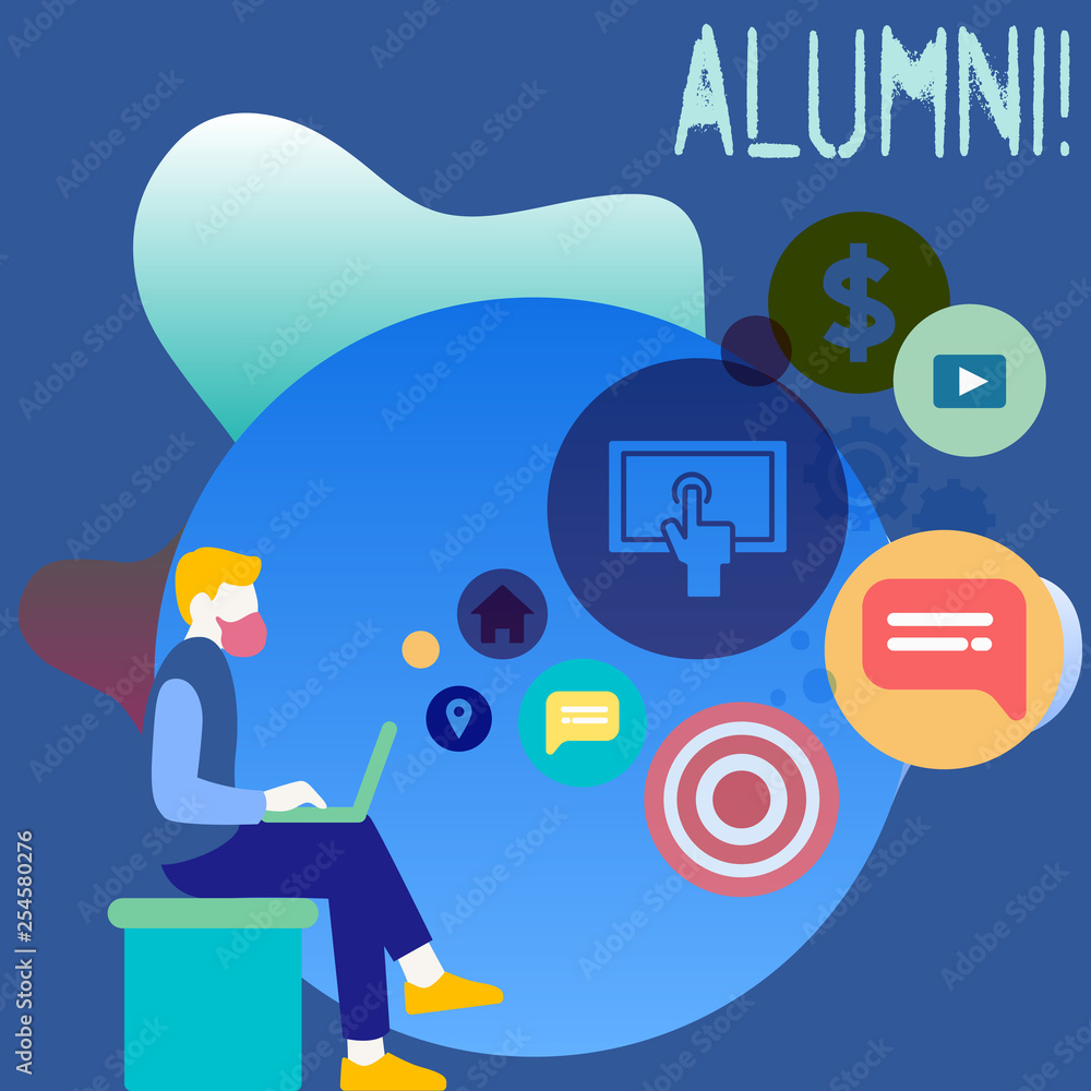 Conceptual hand writing showing Alumni. Concept meaning Alum Old graduate Postgraduate Gathering College Academy Celebration Conceptual hand writing showing Alumni. Concept meaning Alum Old graduate Postgraduate Gathering College Academy Celebration
