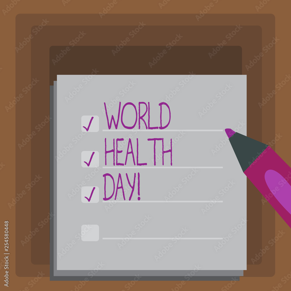 Writing note showing World Health Day. Business concept for Special Date for Healthy Activities Care Prevention Writing note showing World Health Day. Business concept for Special Date for Healthy Activities Care Prevention