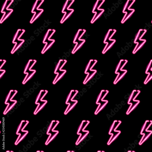 Seamless pattern with neon icons of pink lightning bolts on dark background. Vector 10 EPS illustration.