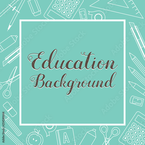 Education School Supplies Lined Icon Stuff Square Banner Green Background Vector Illustration