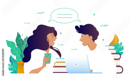 A man and a woman are talking. Consultation. Communication Client and designer. Freelance. Vector illustration