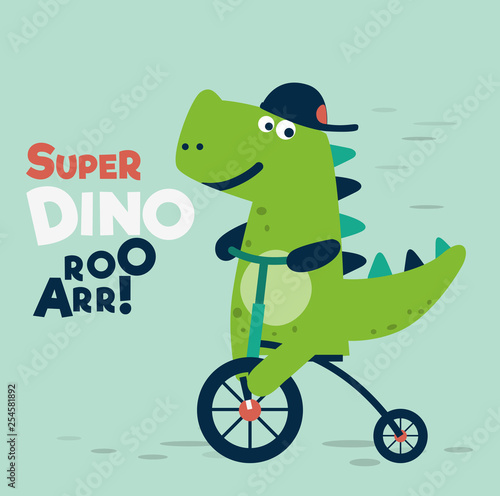 Cute dinosaur rides on bicycle