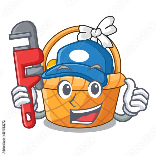 Plumber easter basket above wooden cartoon table