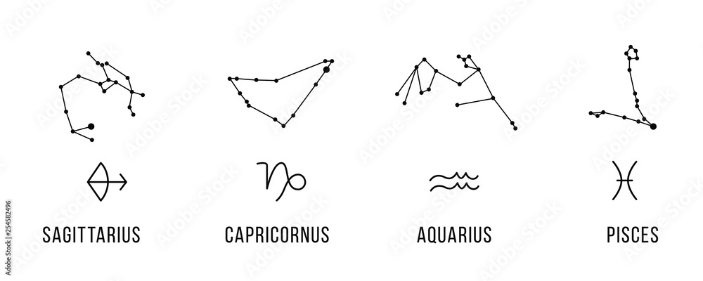 4 Zodiac signs with constellations. Sagittarius, capricorn, aquarius, pisces. Vector. 4 Zodiac signs with constellations. Sagittarius, capricorn, aquarius, pisces. Vector.