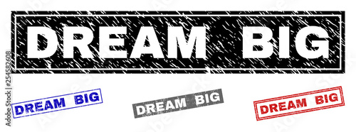 Grunge DREAM BIG rectangle stamp seals isolated on a white background. Rectangular seals with grunge texture in red, blue, black and gray colors.
