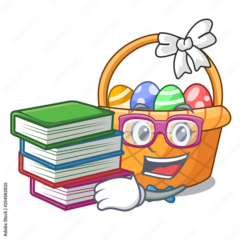 Student with book easter basket above wooden cartoon table Stock Vector |  Adobe Stock