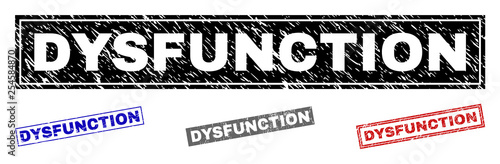 Grunge DYSFUNCTION rectangle stamp seals isolated on a white background. Rectangular seals with grunge texture in red, blue, black and grey colors.