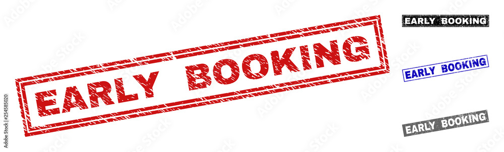 Grunge EARLY BOOKING rectangle stamp seals isolated on a white background. Rectangular seals with grunge texture in red, blue, black and gray colors. Grunge EARLY BOOKING rectangle stamp seals isolated on a white background. Rectangular seals with grunge texture in red, blue, black and gray colors.
