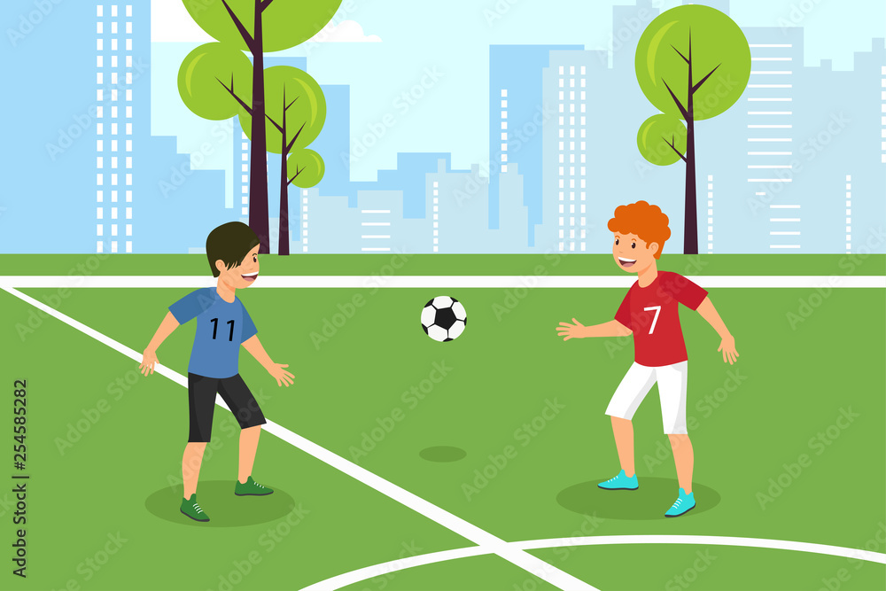 Fototapeta premium Vector Flat Red Against Blue Kids Football Team.