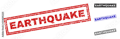 Grunge EARTHQUAKE rectangle stamp seals isolated on a white background. Rectangular seals with distress texture in red, blue, black and gray colors.