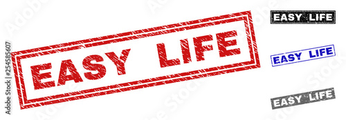 Grunge EASY LIFE rectangle stamp seals isolated on a white background. Rectangular seals with distress texture in red, blue, black and gray colors.