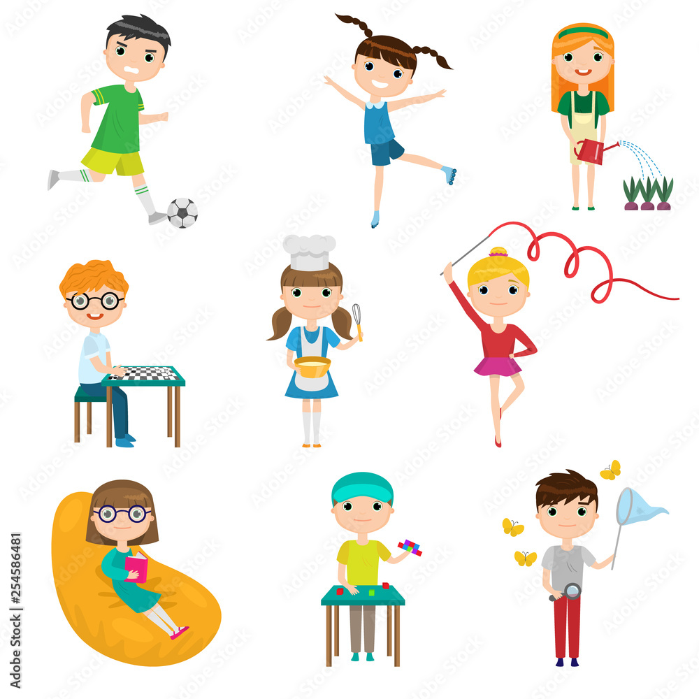 Set cartoon children with different hobbies against white background Set cartoon children with different hobbies against white background