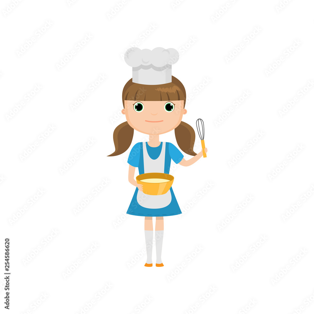 Little girl in cook uniform holding utensils isolated against white background Little girl in cook uniform holding utensils isolated against white background