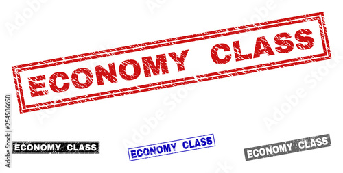 Grunge ECONOMY CLASS rectangle stamp seals isolated on a white background. Rectangular seals with grunge texture in red, blue, black and gray colors.