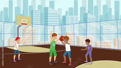 Vector Flat Many Kids Play Basketball Boy White.