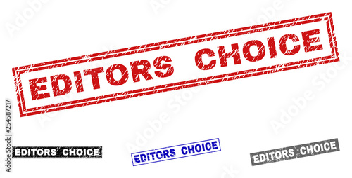 Grunge EDITORS CHOICE rectangle stamp seals isolated on a white background. Rectangular seals with grunge texture in red, blue, black and gray colors.