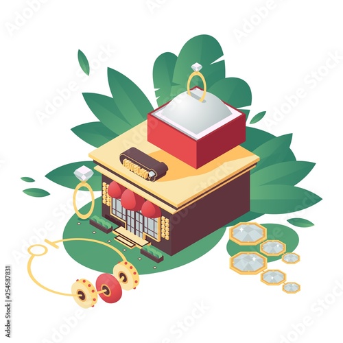 Vector concept isolated on white background jewelry store in isometric style. 3d illustration with gold earrings, rings and bracelet, with greenery behind the building