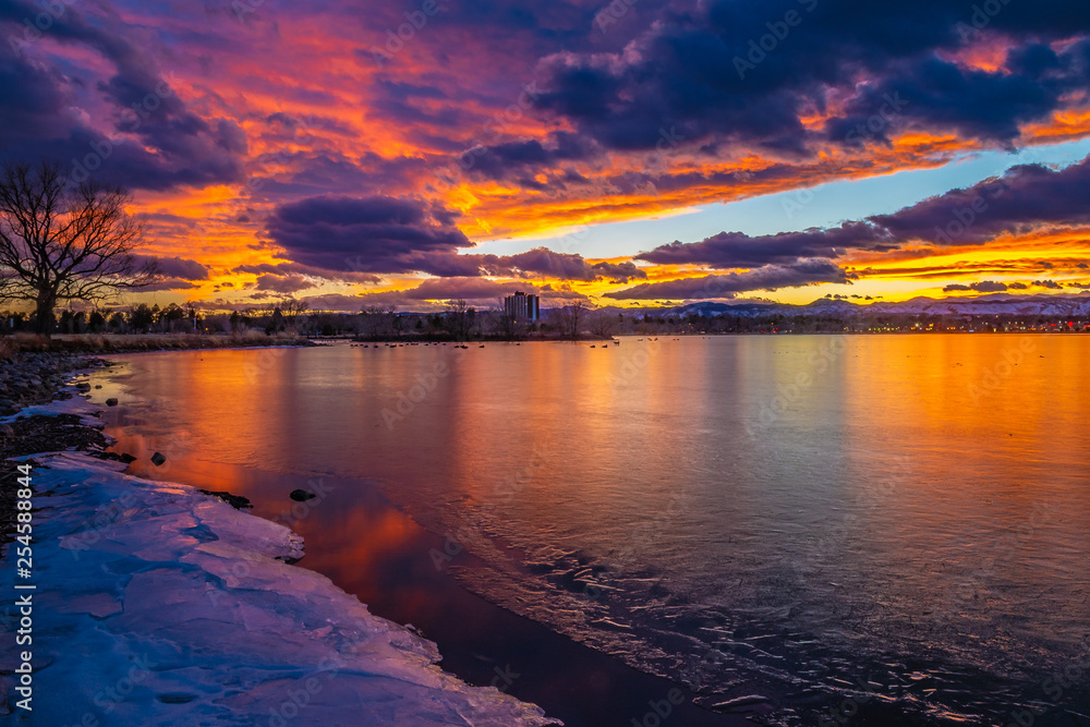 Colorful and Beautiful Sunset Over Sloan's Lake in Denver, Colorado