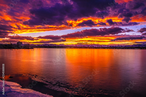 Colorful and Beautiful Sunset Over Sloan s Lake in Denver  Colorado