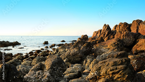 Stone reef beside beach and summer clear sky. © beelaa