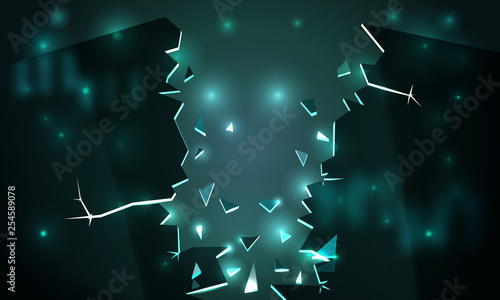 Broken glass dark blue background. Broken wall, falling panel. Drop down glass window, scattering fragments. Background destruction