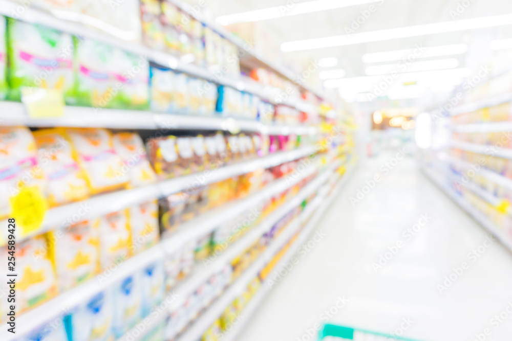 Abstract blurred row of goods in modern trade supermarket