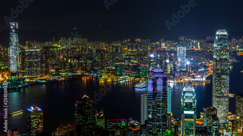 Hong Kong city view from The Peak at night, Victoria Harbor view from Victoria Peak at night, Hong Kong.