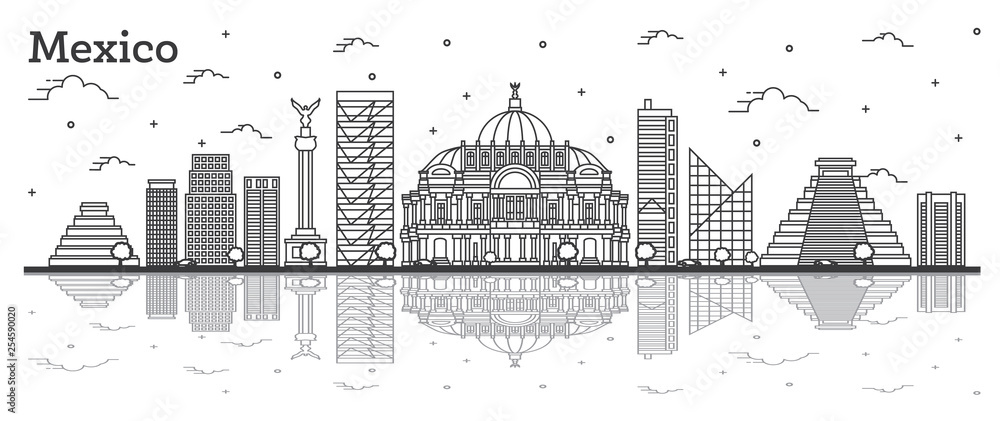 Outline Mexico City Skyline with Historical Buildings and Reflections Isolated on White.
