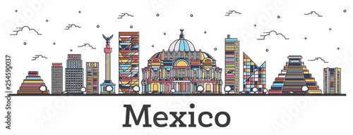 Outline Mexico City Skyline with Color Buildings Isolated on White.