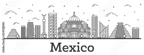 Outline Mexico City Skyline with Historical Buildings Isolated on White.