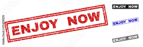 Grunge ENJOY NOW rectangle stamp seals isolated on a white background. Rectangular seals with distress texture in red, blue, black and gray colors.