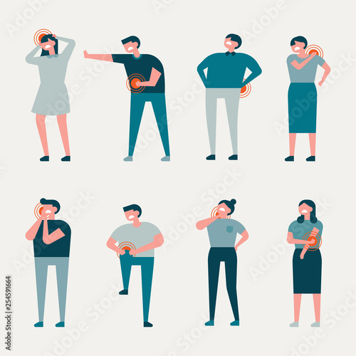 Character set of various pain symptoms. flat design style minimal vector illustration