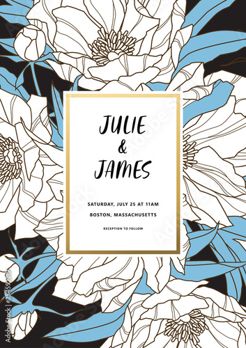 Vintage Wedding Invite template with floral background of flowers peons, with gold decorated banner. Vector invitation