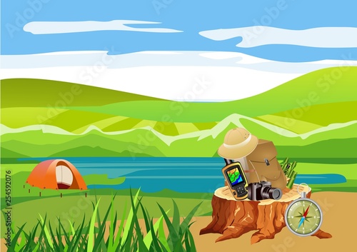 Outdoor tourism concept, travellers items on the stump, vector illustration