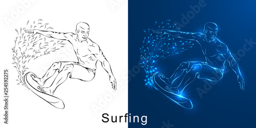 The linear drawing of the surfer on a board