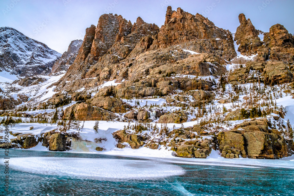 Snowshoeing to the top of Sky Pond in Rocky Mountain National Park in
