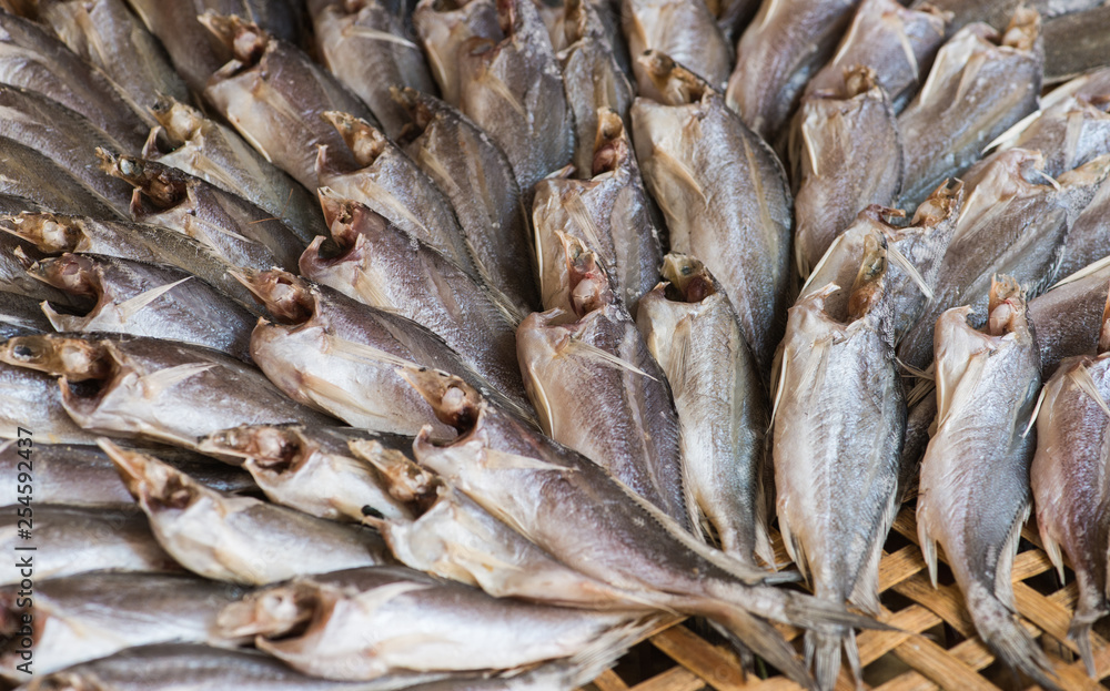 Close up dried fish of trichogaster pectoralis fish arrange on rattan,local food at market.