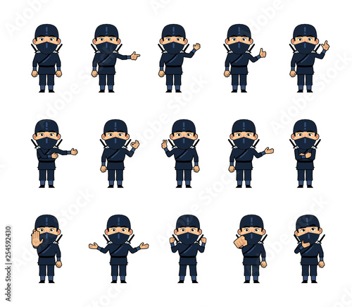Set of chibi ninja characters showing diverse hand gestures. Funny ninja pointing, greeting, showing thumb up, victory, stop sign, okay and other hand gestures. Simple vector illustration